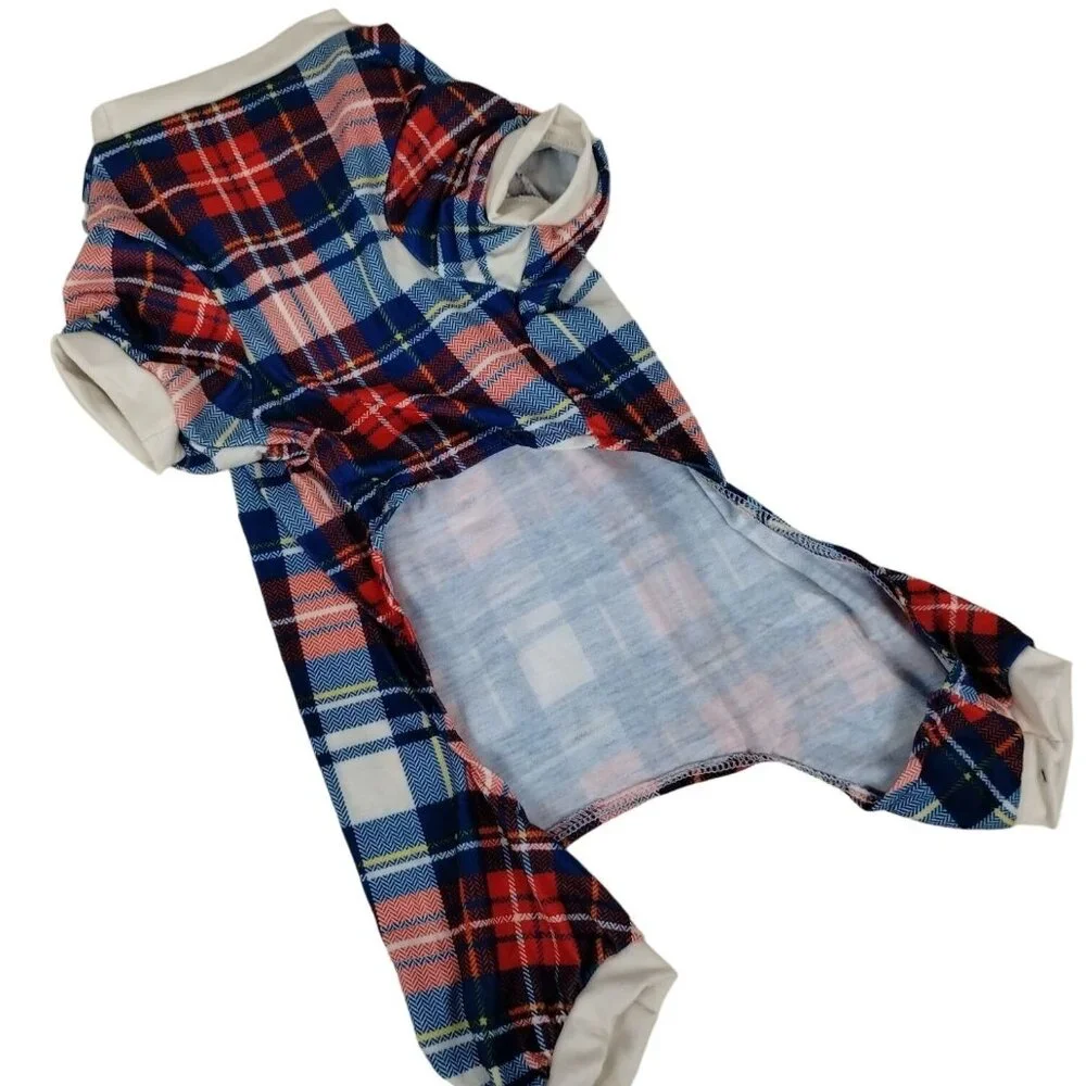 Pet Central Dog Medium 14 inch Holiday Pajamas Blue and White Plaid
